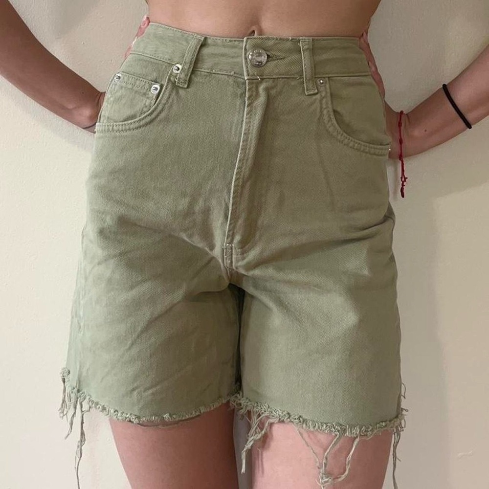 Stradivarius Green High Waist Denim Shorts